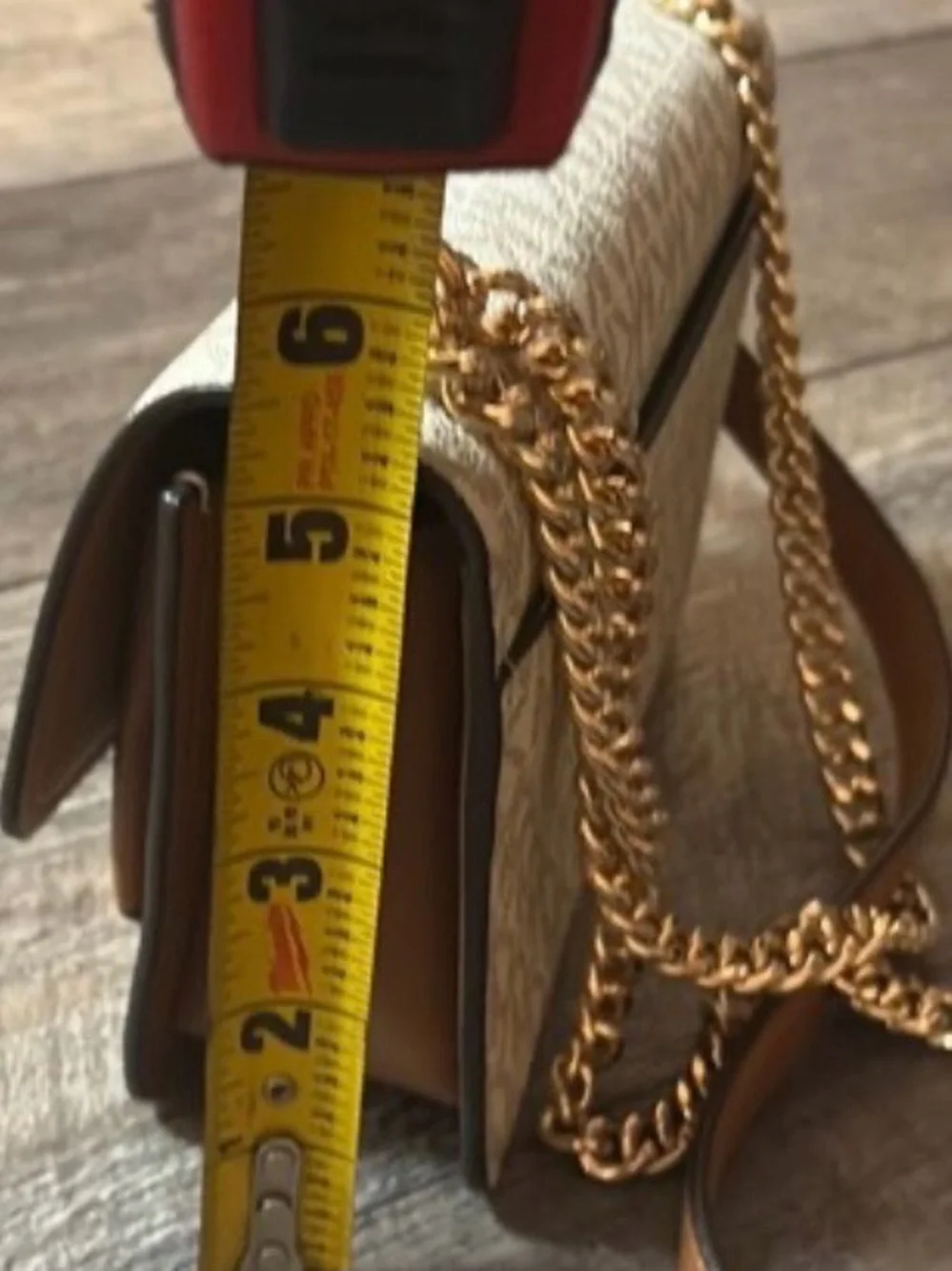 Michael Kors Cream Logo Crossbody with Tan Trim and Gold Chain